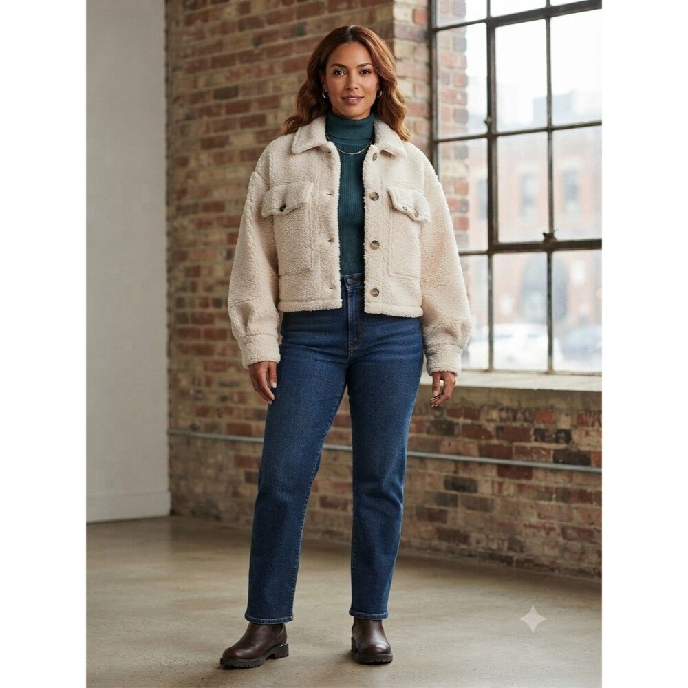 Lee Cropped Sherpa Shirt Jacket Teddy Fleece Cream Cozy